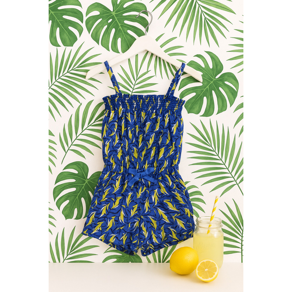 Juicy Couture Girls 12 Romper Cobalt Glow Tropical Print Smocked Bodice NWT